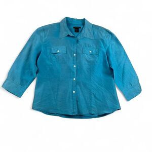 Anne Carson 100% Silk Blouse Women’s Medium Blue Button Up 3/4 Sleeve Shirt